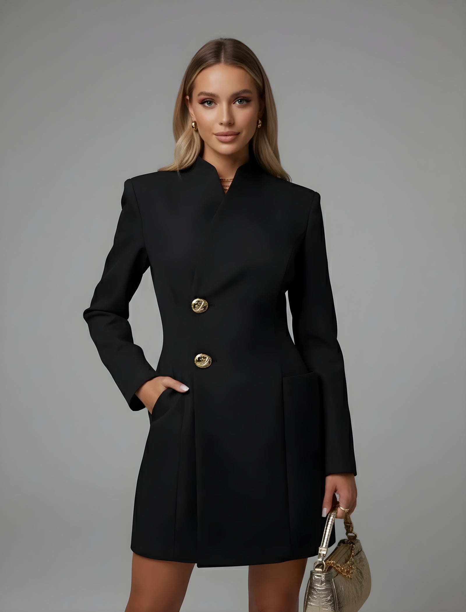Elegant Waist-Cinching Blazer Mini Dress – Slim Fit V-Neck Office Style