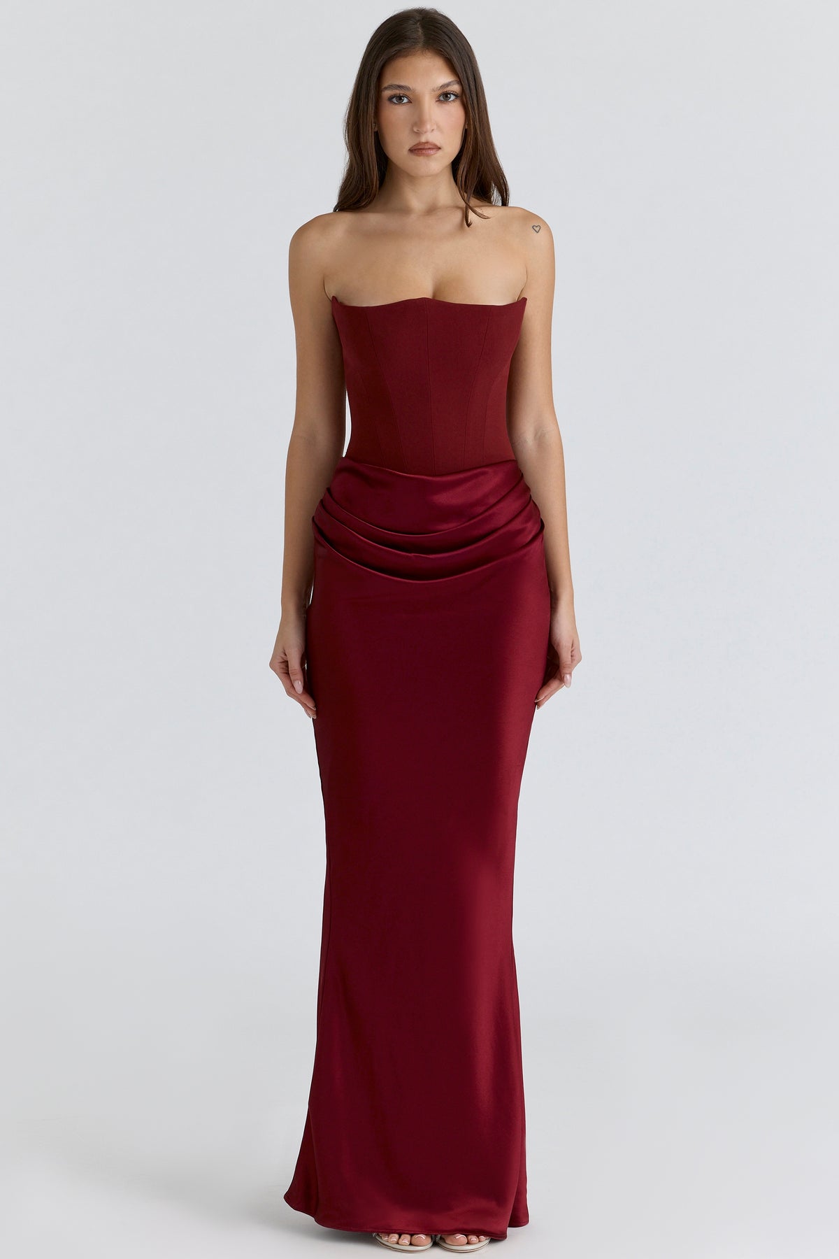 Valery Ruched Satin Bustier Evening Gala Dress - Burgundy
