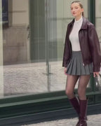 Wine Red Faux Leather Jacket – Minimalist Zip-Up Outerwear