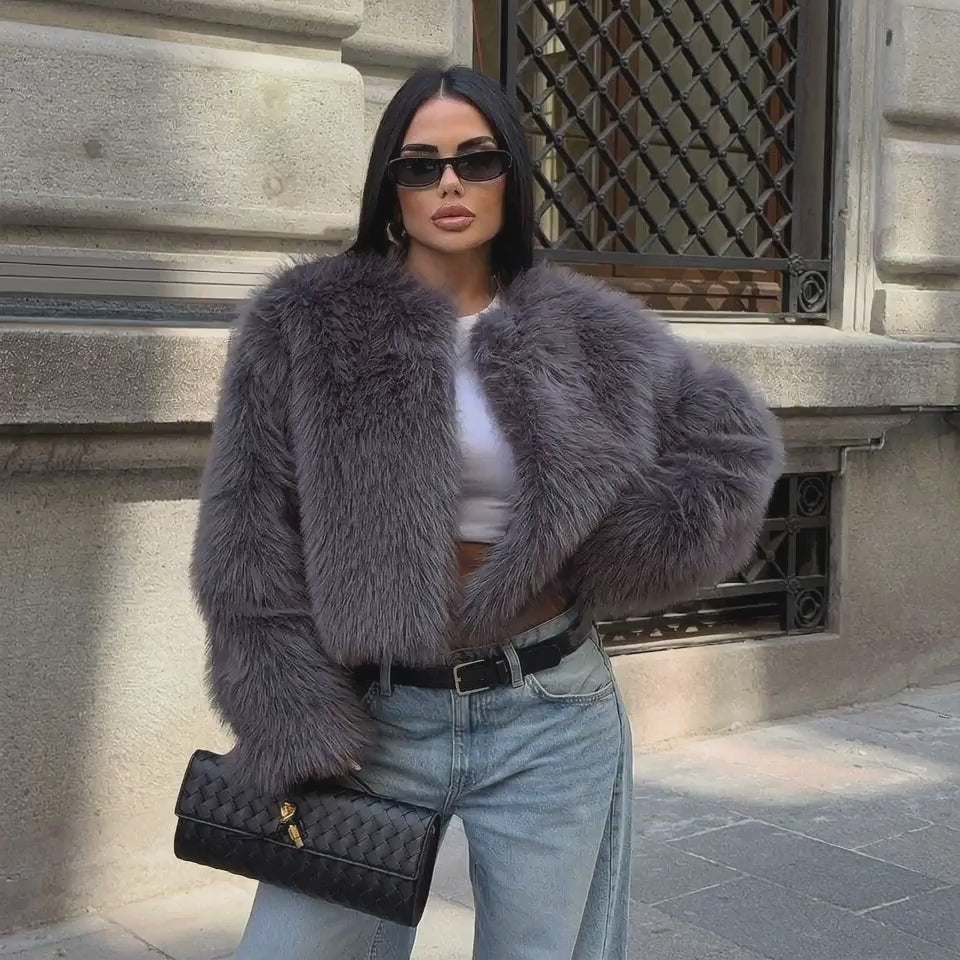 Dámská zimní plyšová kožešinová krátká bunda – silné ležérní svrchní oblečení s kapsami, výstřih do O