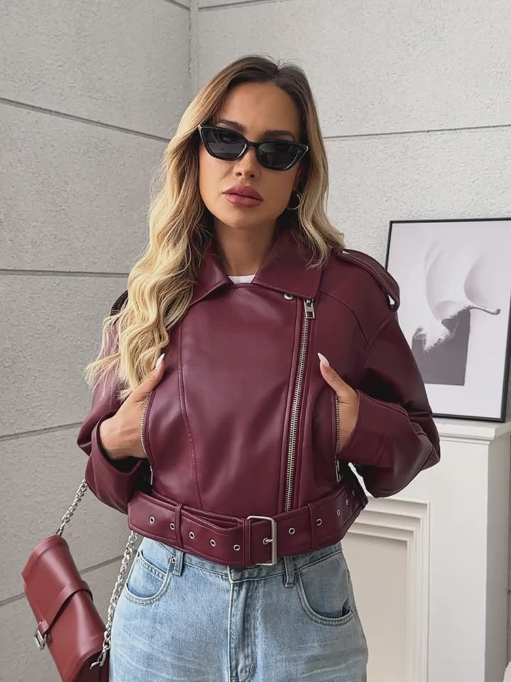 Veste de moto en cuir pour femme avec ceinture – Manteau court décontracté bordeaux