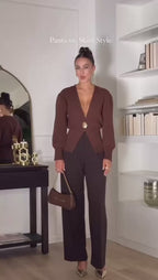 Sculpted Knit Wrap Cardigan – Gold Buckle & Tailored Silhouette