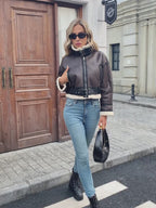 Dámská moto bunda z PU ovčí kůže – krátký motorkářský kabát s páskem na zimu 