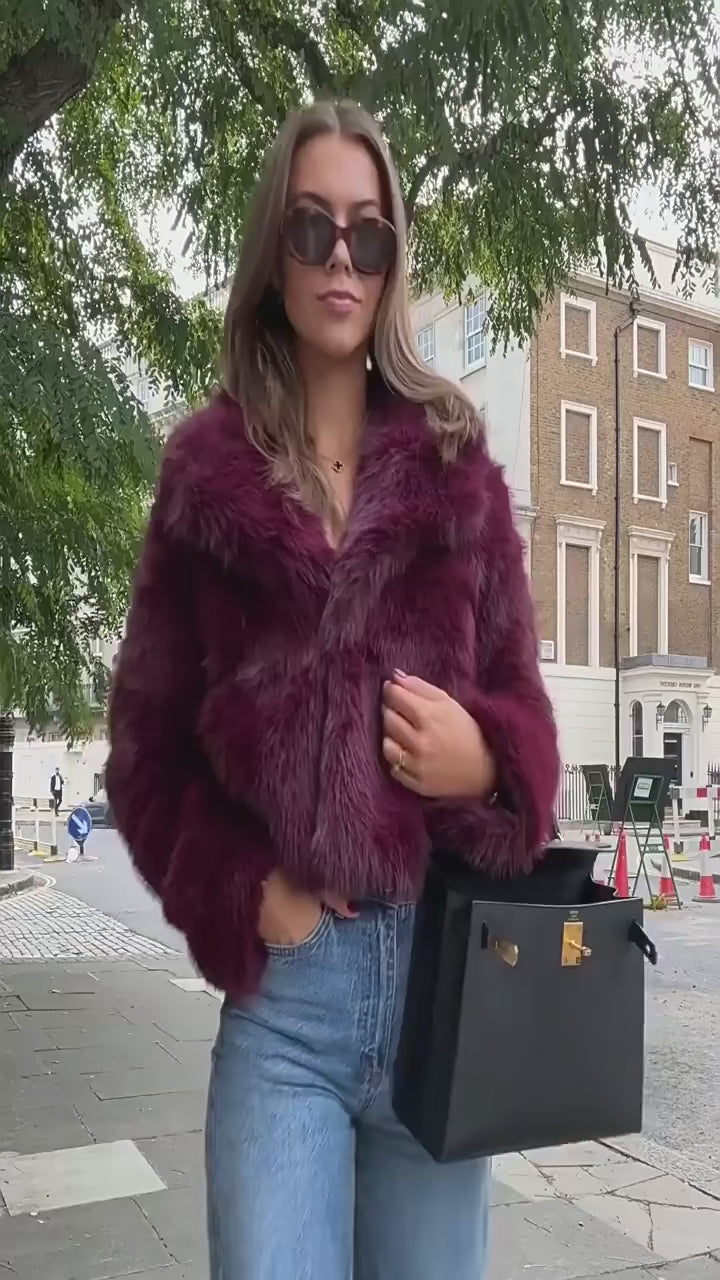 Burgundy Faux Fur Coat – Vintage Long Sleeve High Street Jacket for Women