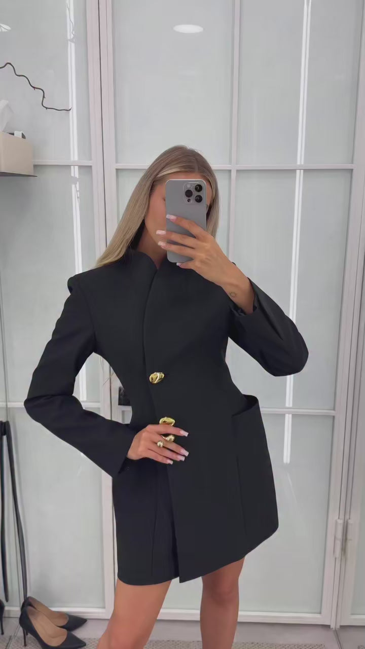 Elegant Waist-Cinching Blazer Mini Dress – Slim Fit V-Neck Office Style