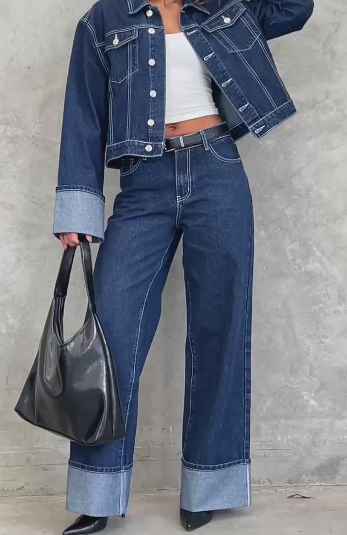 Vintage Denim Jacket and Pants Set – Women’s High-Waisted Wide Leg Jeans & Long Sleeve Coat for Streetwear Style