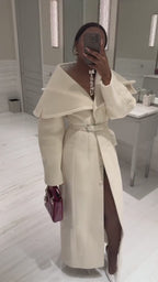 White Belted Wool Blend Overcoat