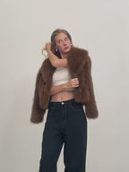 Women's Retro Plush Vegan Fur Lapel Jacket – Soft Cropped Winter Coat