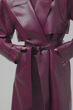 Plum Gloss Belted Trench Coat – Luxe PU Leather Longline Statement Outerwear