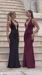 Deep V-Neck Ruched Maxi Dress – Backless Halter Club Dress for Women