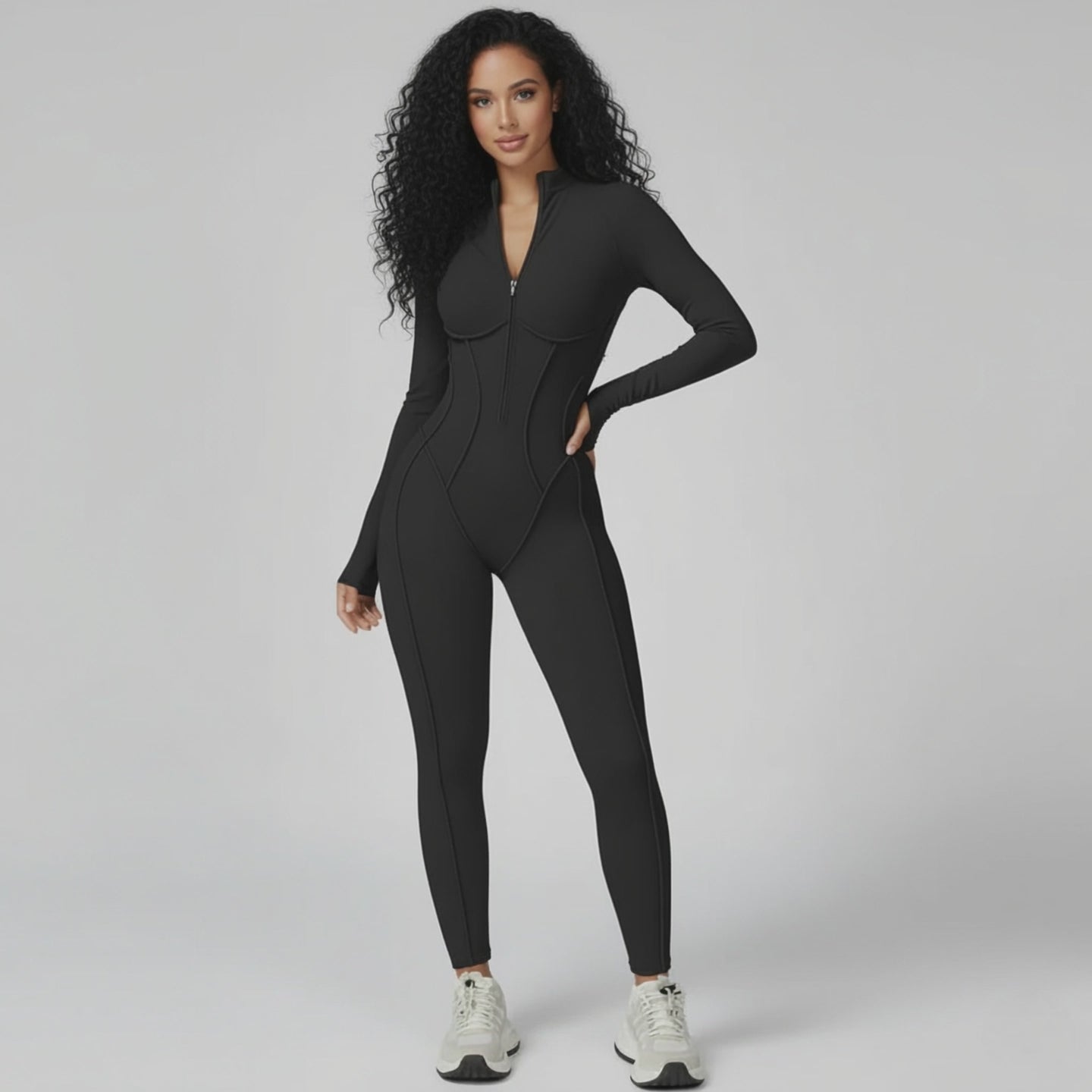 Sculpted Compression Zip-Up Jumpsuit -Black