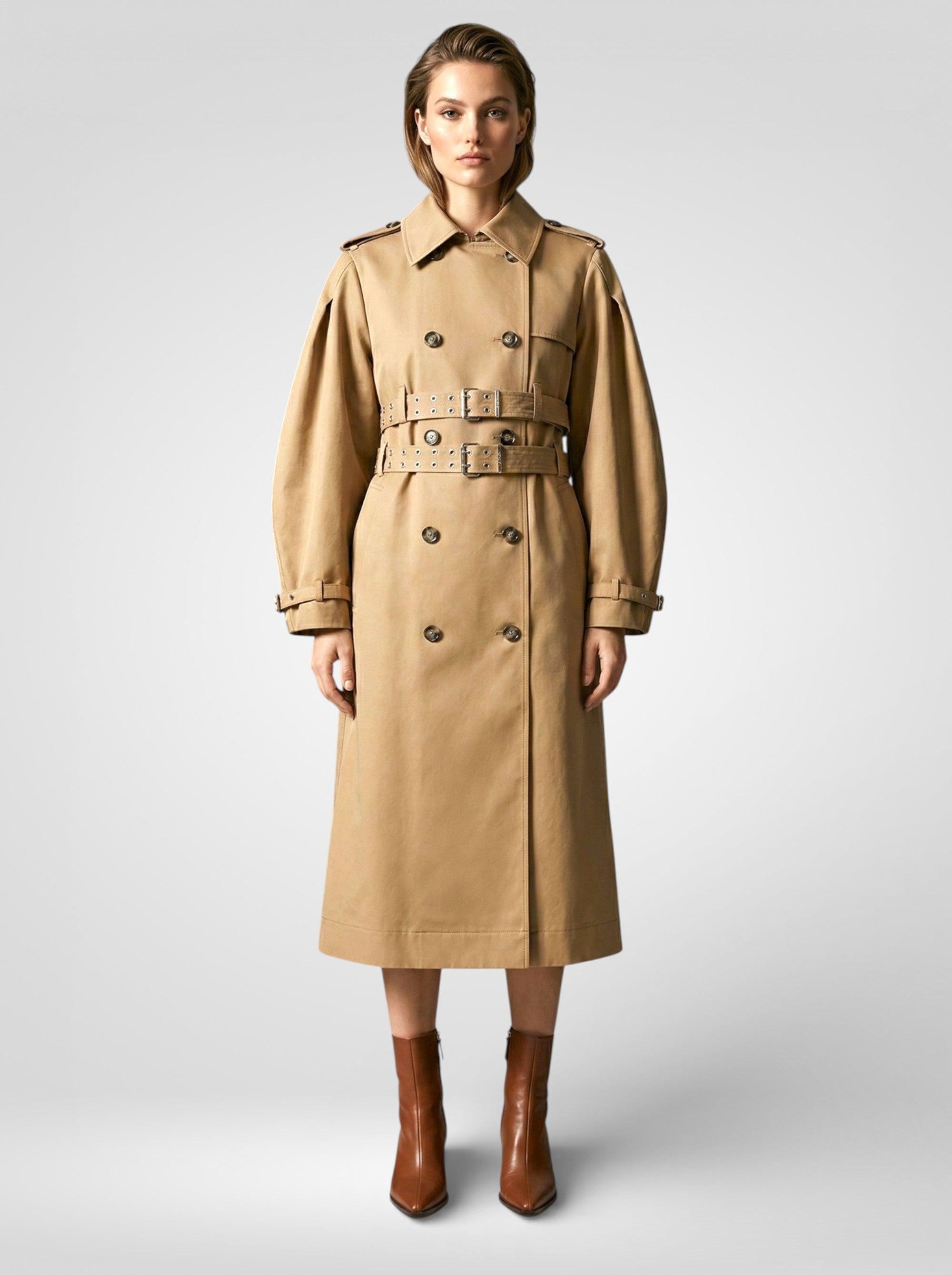 Damen-Trenchcoat mit Gürtel und doppelter Knopfleiste – Lange, schmal geschnittene Herbstjacke