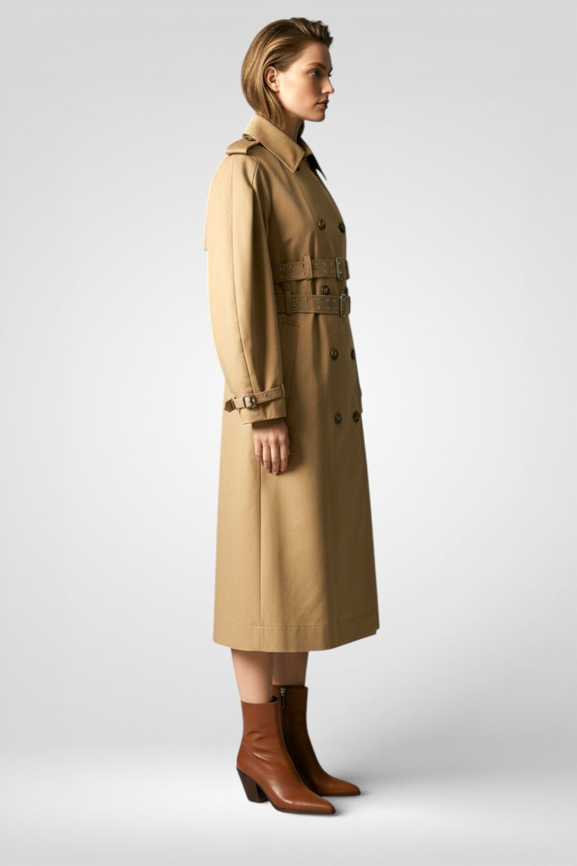 Damen-Trenchcoat mit Gürtel und doppelter Knopfleiste – Lange, schmal geschnittene Herbstjacke