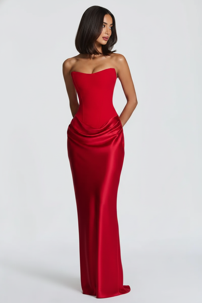 Woman wearing a red strapless gown on a white background