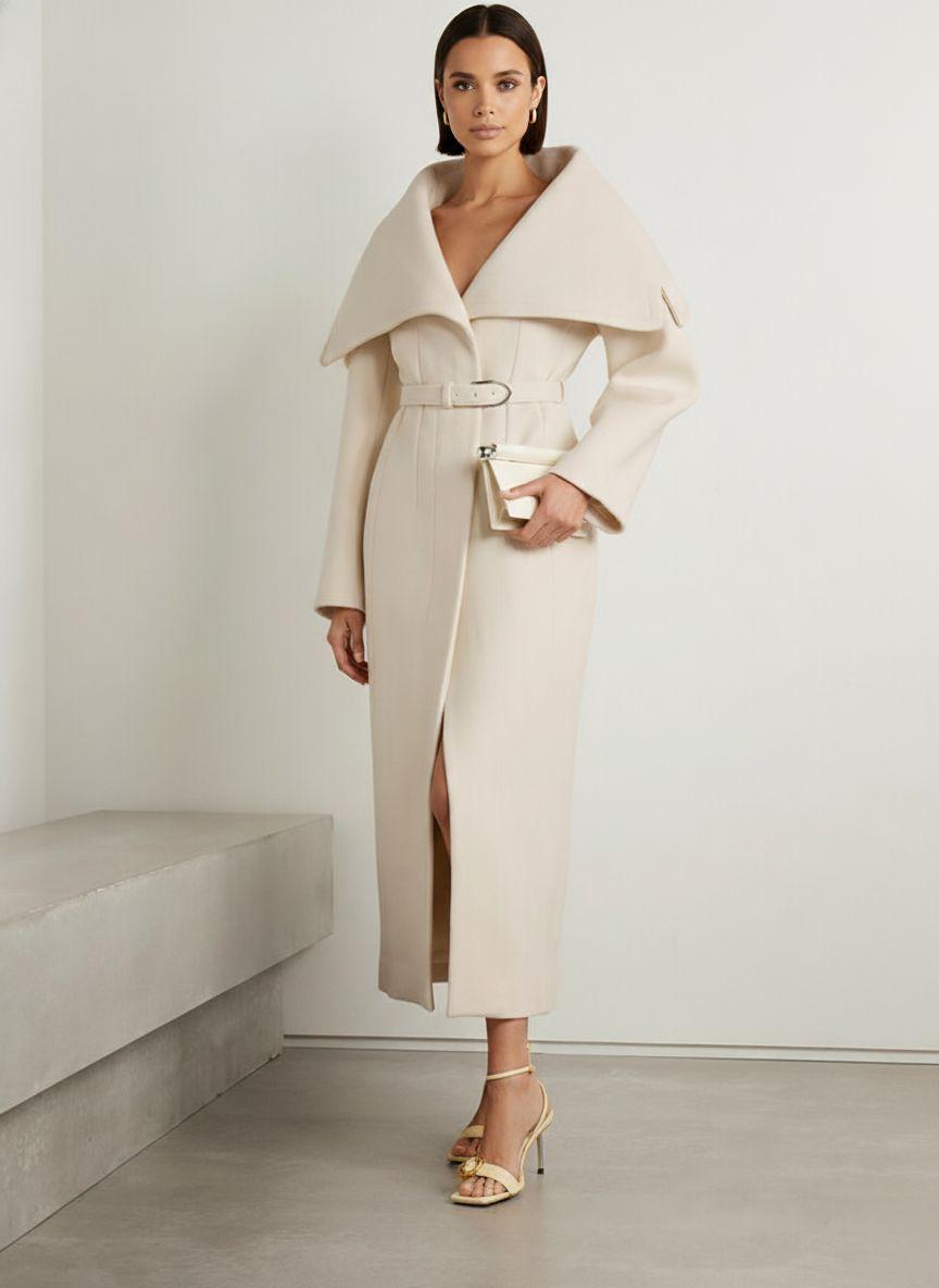 White Belted Wool Blend Overcoat
