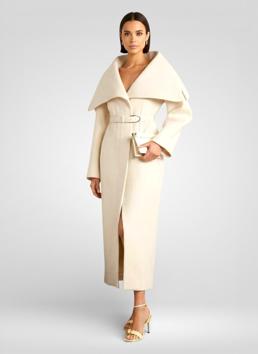 White Belted Wool Blend Overcoat