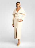 White Belted Wool Blend Overcoat