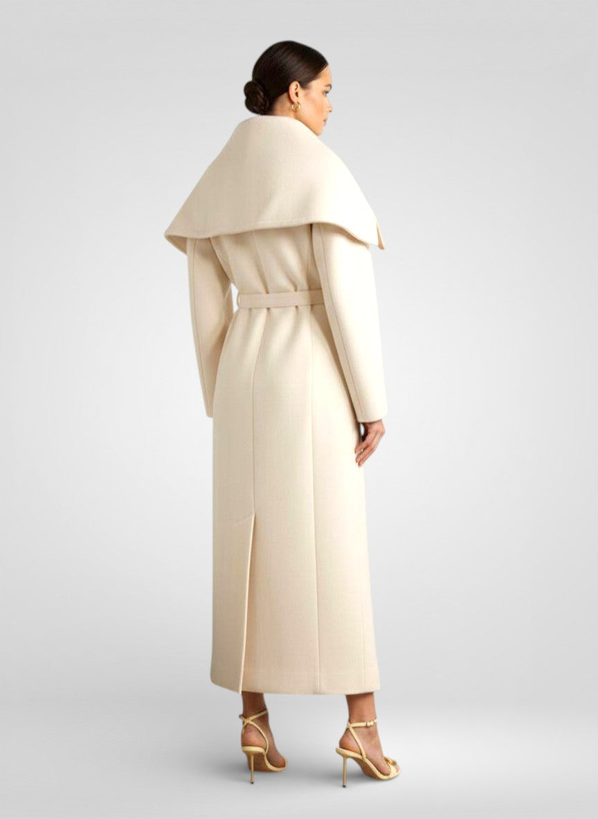 White Belted Wool Blend Overcoat