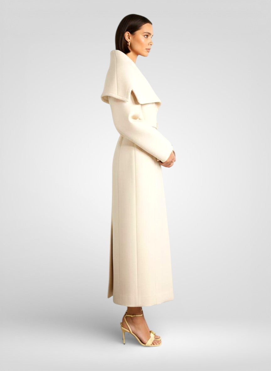 White Belted Wool Blend Overcoat