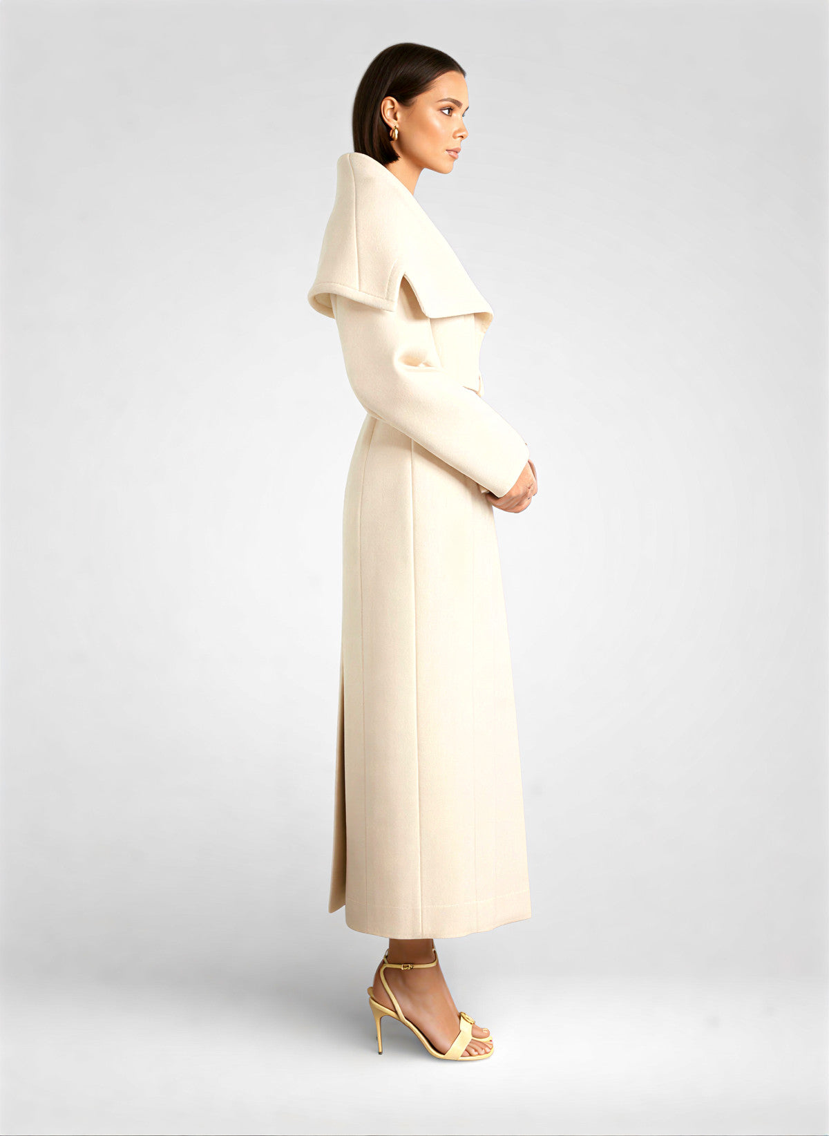 White Belted Wool Blend Overcoat