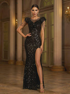 Women's Sequin Beaded Sleeve Evening Gown