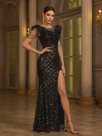 Women's Sequin Beaded Sleeve Evening Gown