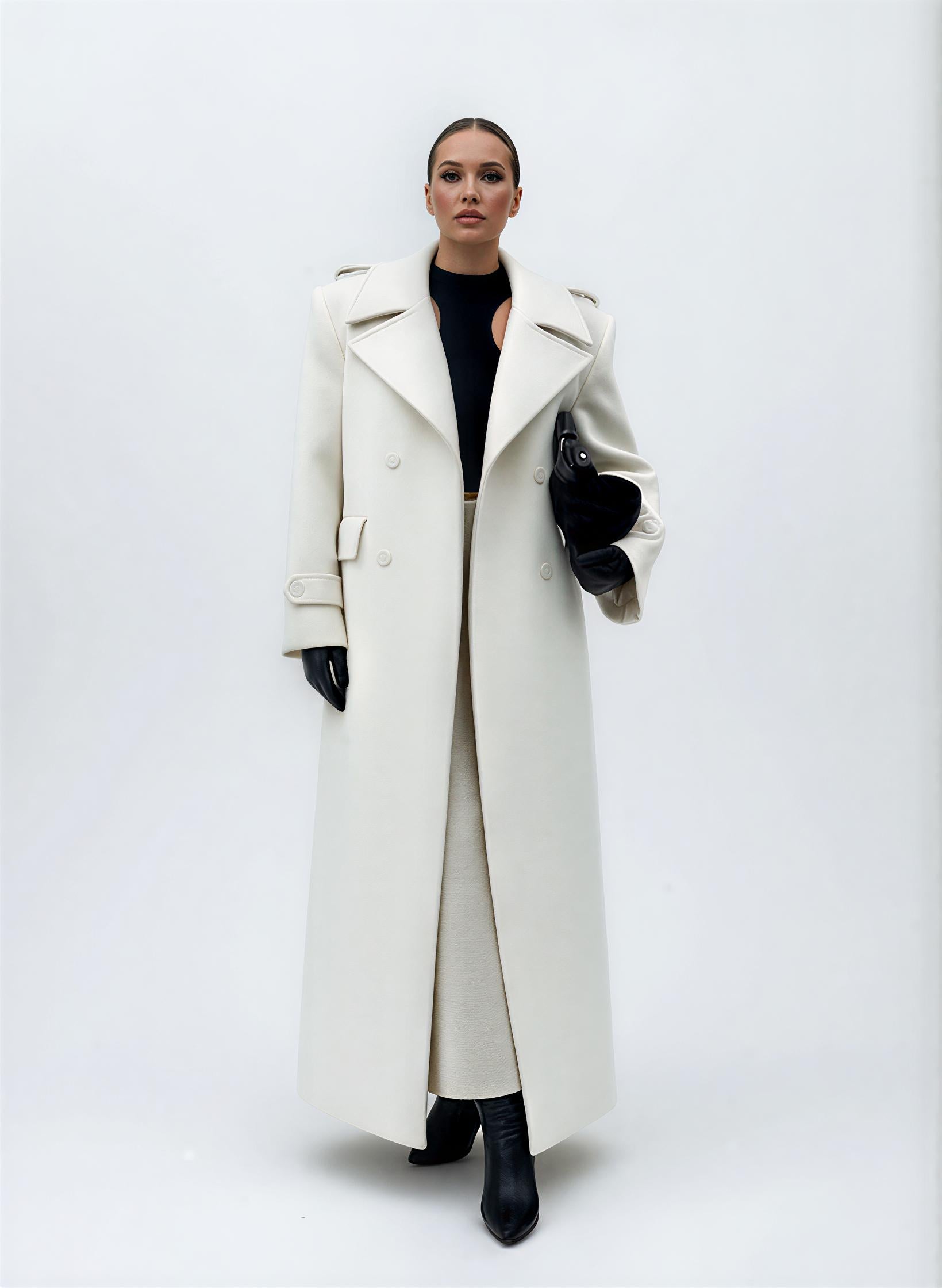Double-Breasted Belted Long Overcoat