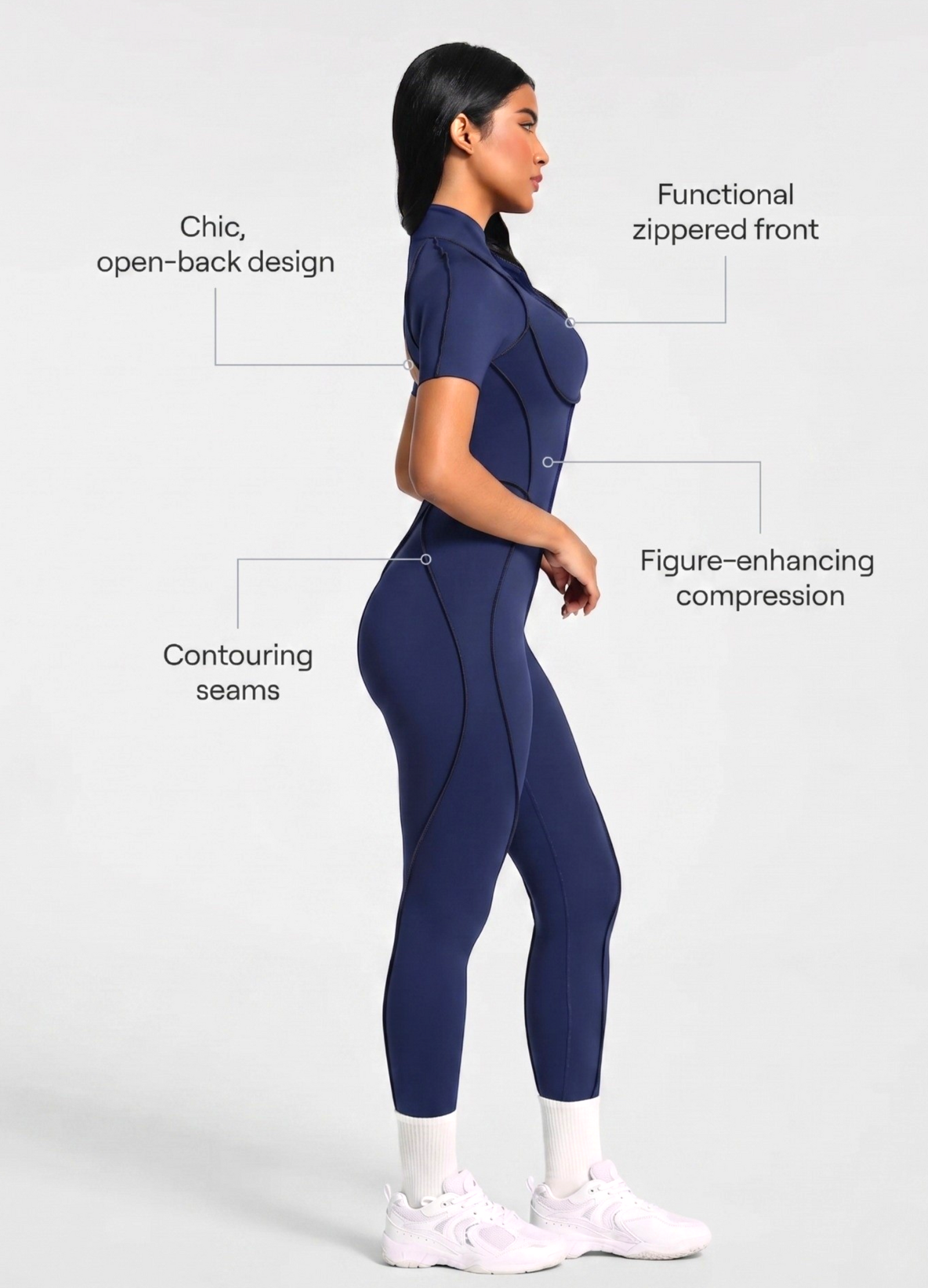 Backless Zip Yoga Jumpsuit -Navy