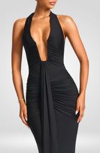 Deep V-Neck Halter Ruched Maxi Dress