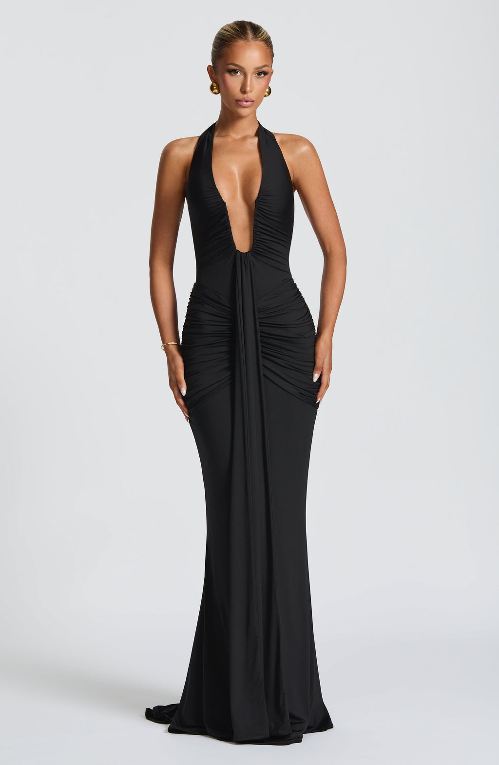 Deep V-Neck Halter Ruched Maxi Dress