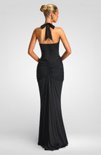 Deep V-Neck Halter Ruched Maxi Dress