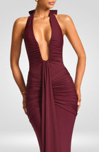 Deep V-Neck Halter Ruched Maxi Dress