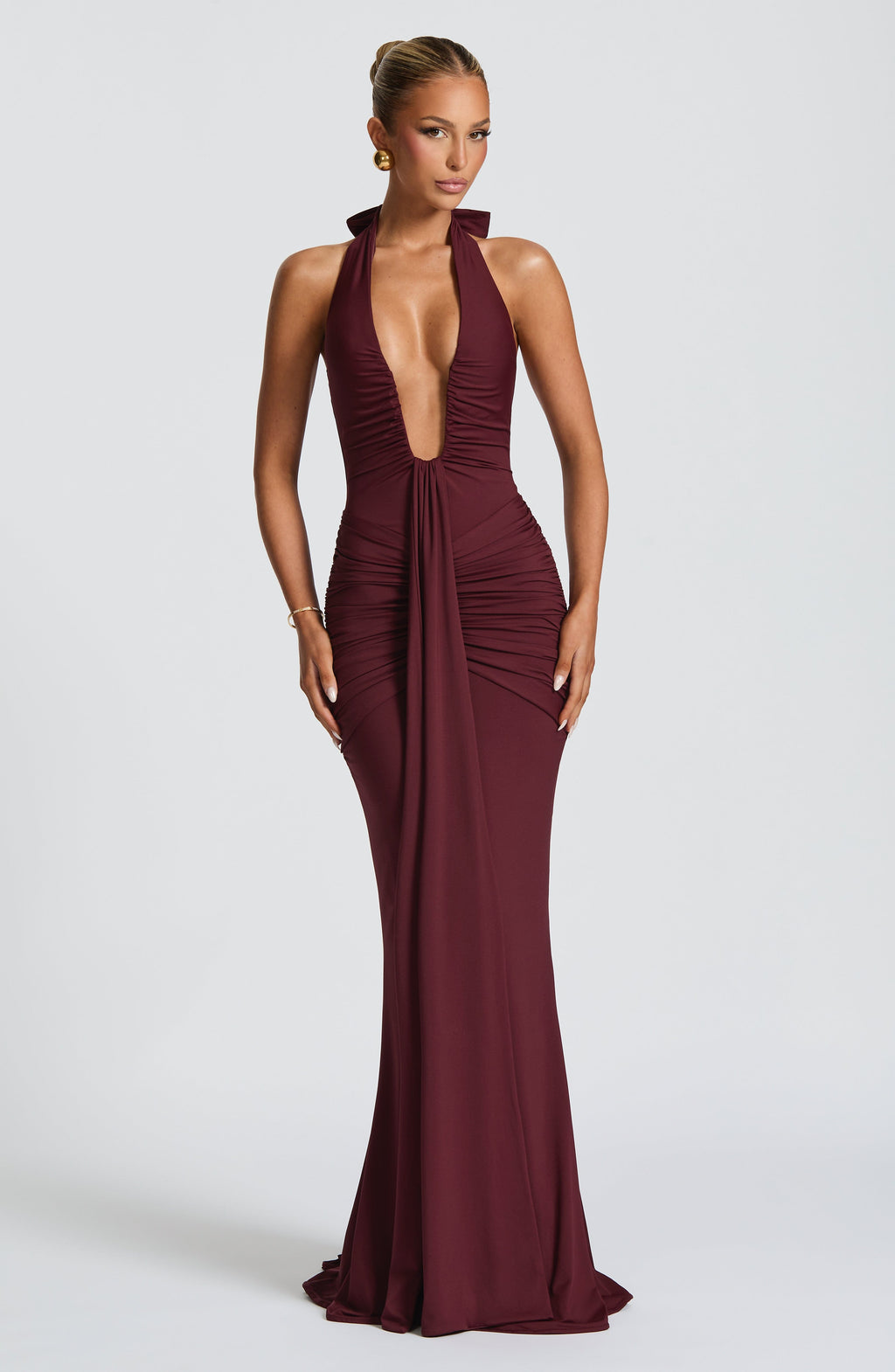 Deep V-Neck Halter Ruched Maxi Dress