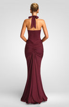 Deep V-Neck Halter Ruched Maxi Dress