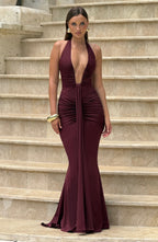 Deep V-Neck Halter Ruched Maxi Dress