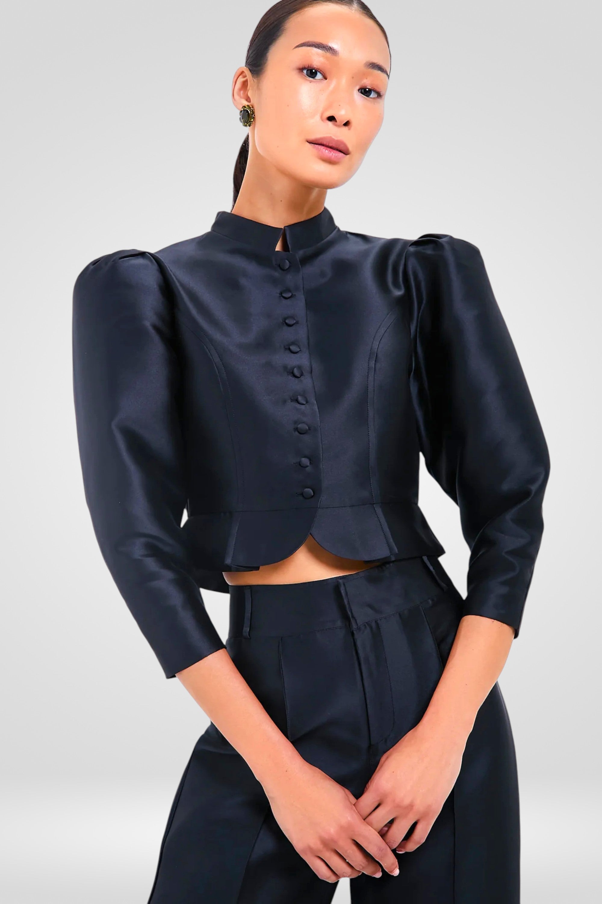 Structured Satin Peplum Blouse -Black