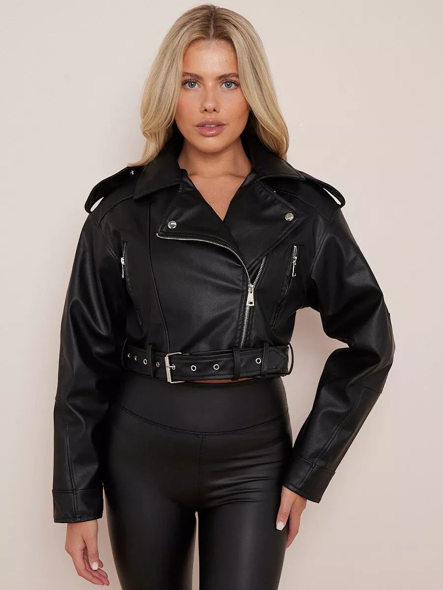 Women's Vintage Vegan Leather Biker Jacket – Oversized Belted Moto Style