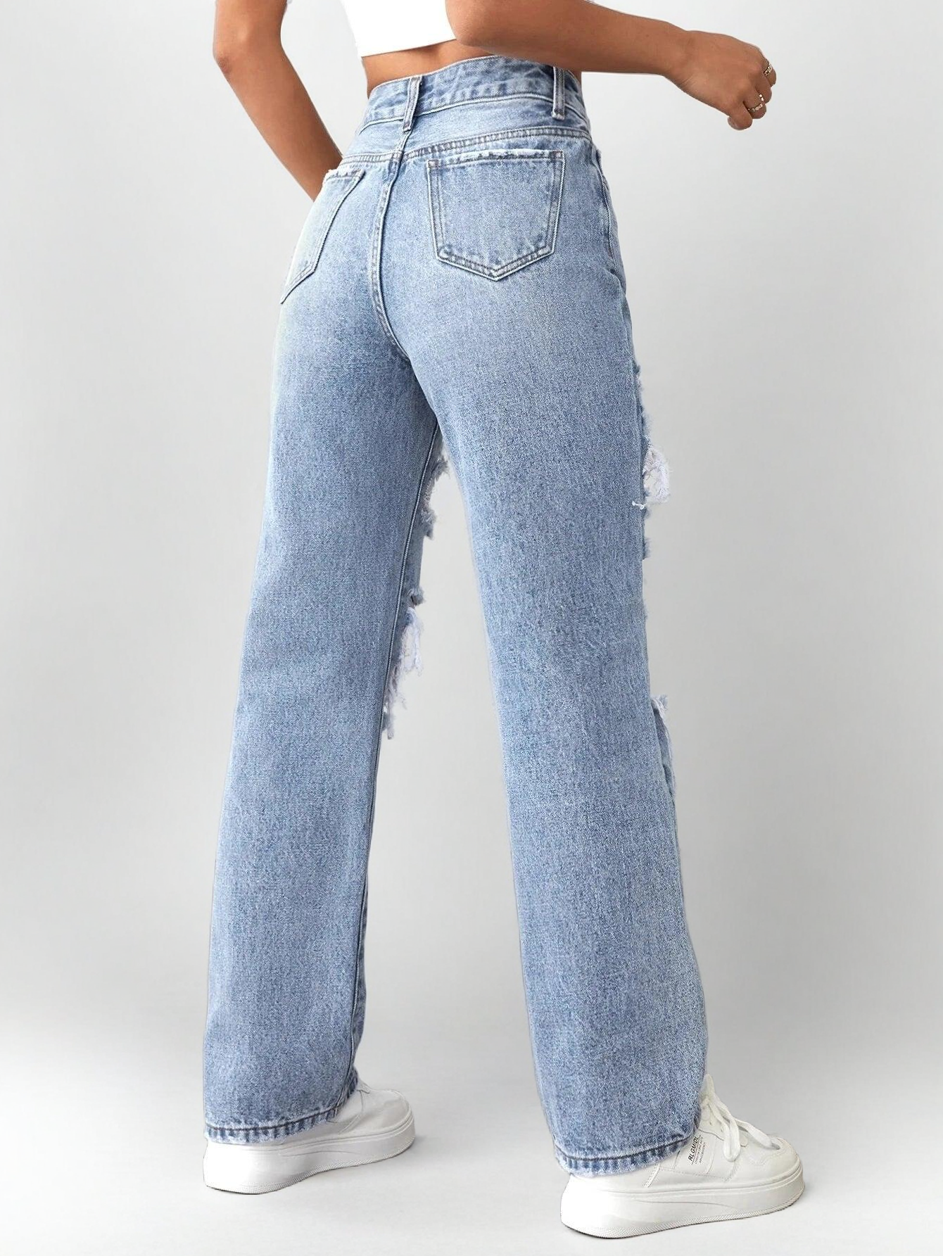 Light Blue Ripped Wide-Leg Jeans – High Waist Distressed Streetwear