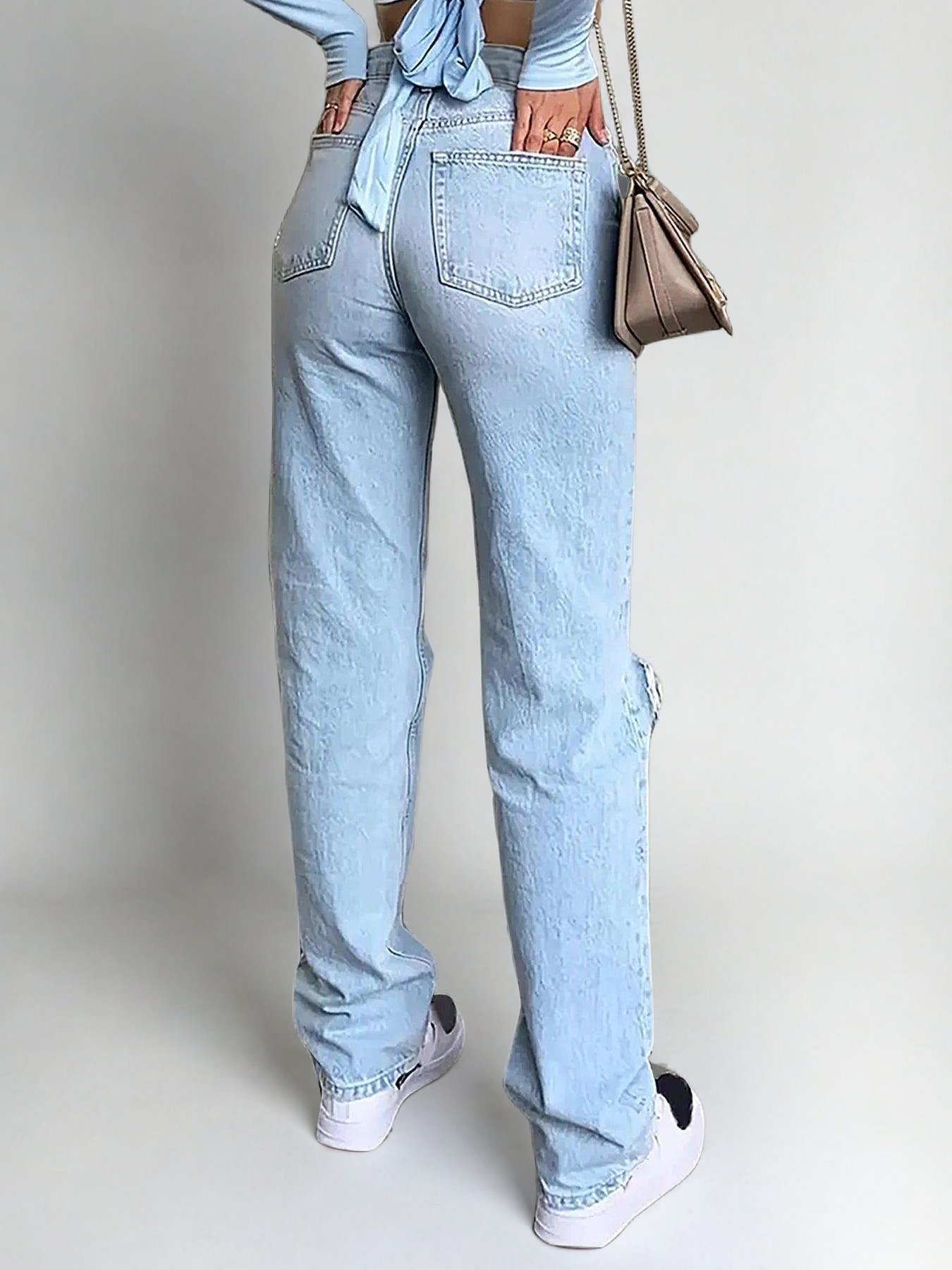 Vintage roztrhané džíny – světle seprané, vysoký pas, rovný střih