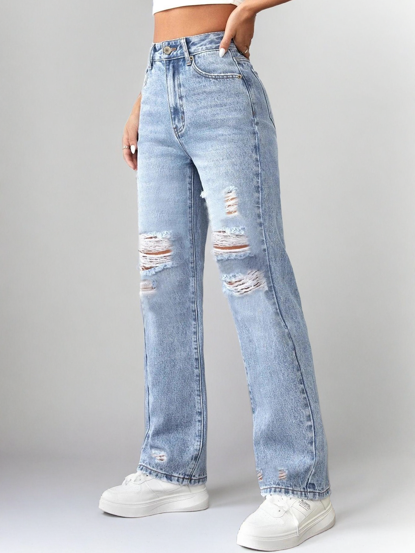 Light Blue Ripped Wide-Leg Jeans – High Waist Distressed Streetwear