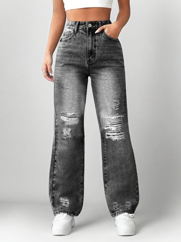 Light Blue Ripped Wide-Leg Jeans – High Waist Distressed Streetwear