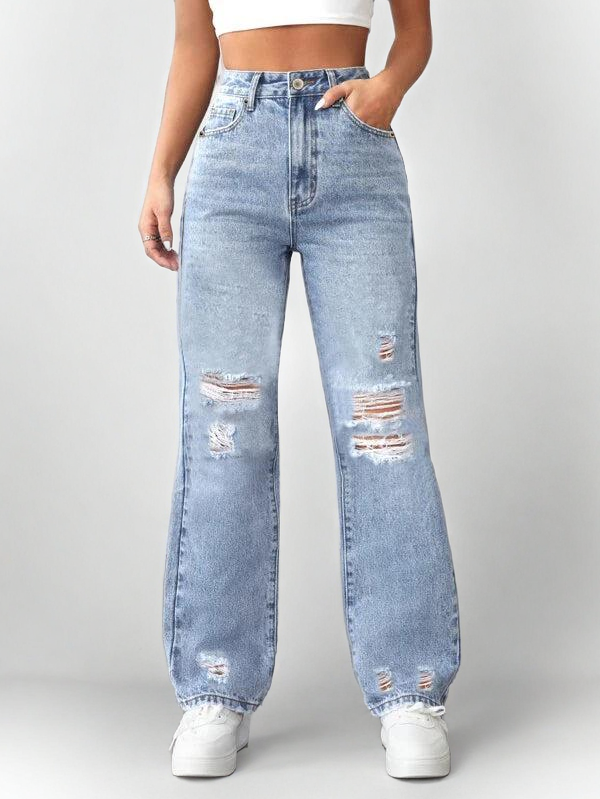Light Blue Ripped Wide-Leg Jeans – High Waist Distressed Streetwear