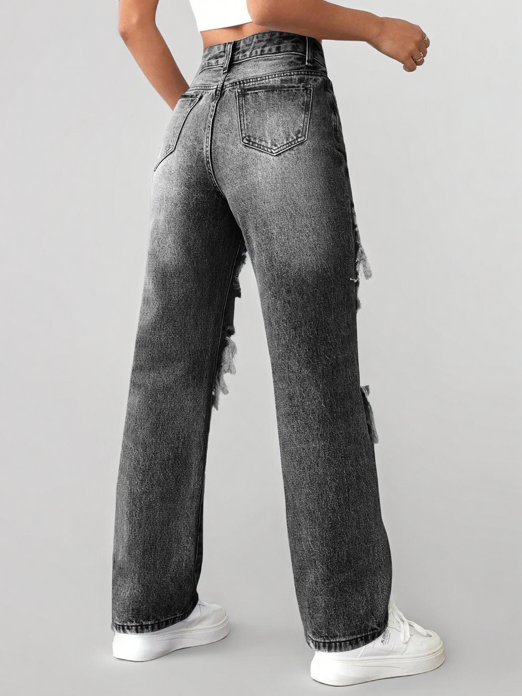 Light Blue Ripped Wide-Leg Jeans – High Waist Distressed Streetwear