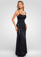 Backless Spaghetti Strap Maxi Dress with Sheer Lace Patchwork