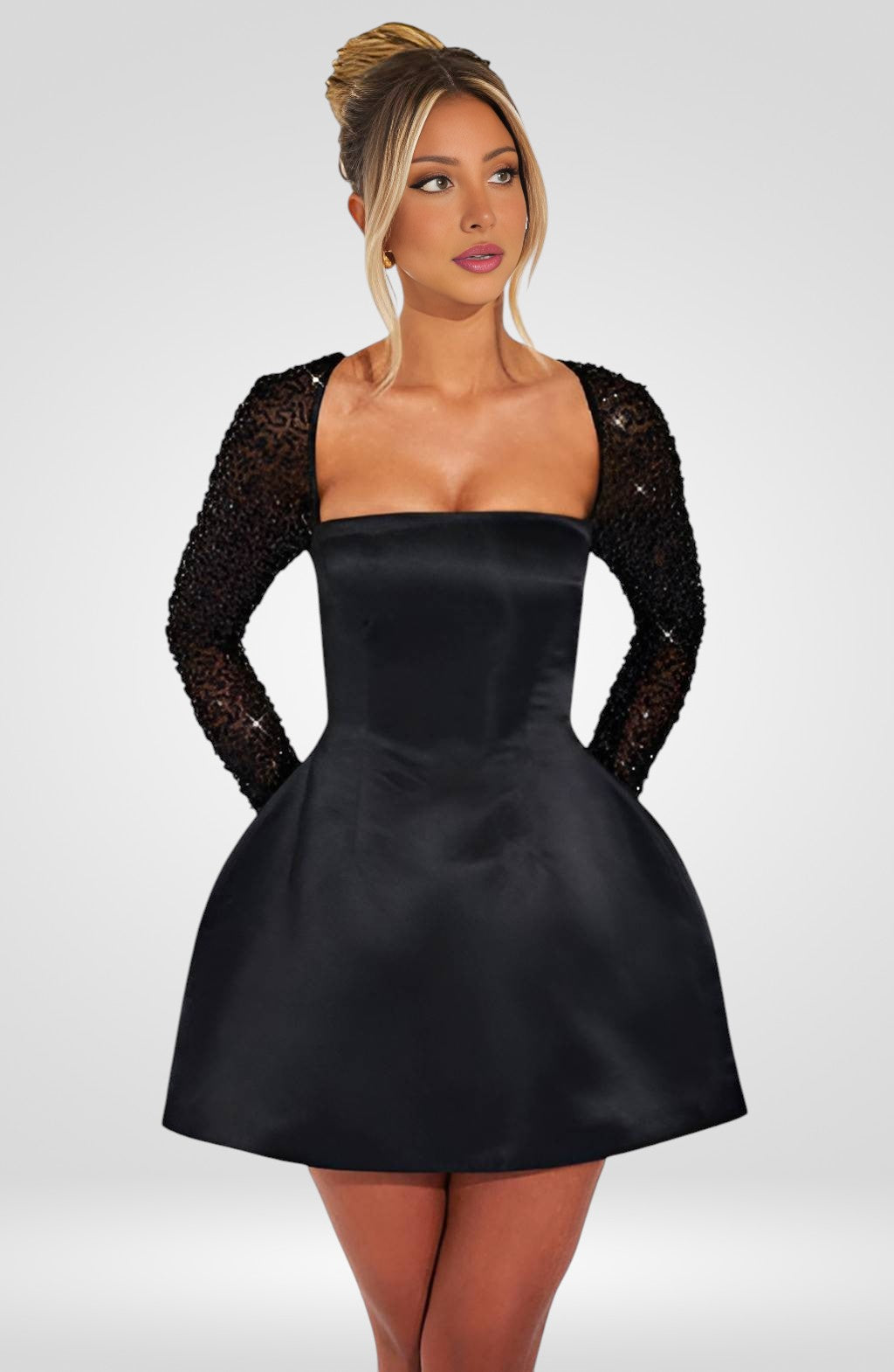 Minivestido de noche con espalda descubierta y mangas de encaje transparente