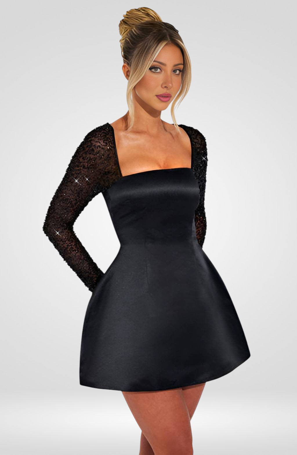 Minivestido de noche con espalda descubierta y mangas de encaje transparente