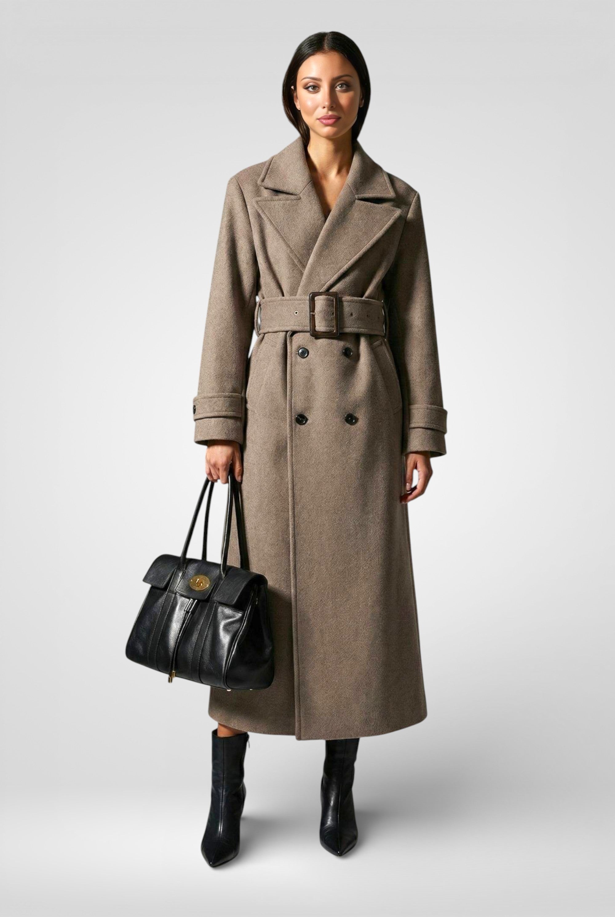 Double-Breasted Woolen Maxi Coat – Belted Lapel Long Overcoat
