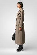 Double-Breasted Woolen Maxi Coat – Belted Lapel Long Overcoat