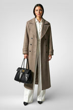 Double-Breasted Woolen Maxi Coat – Belted Lapel Long Overcoat