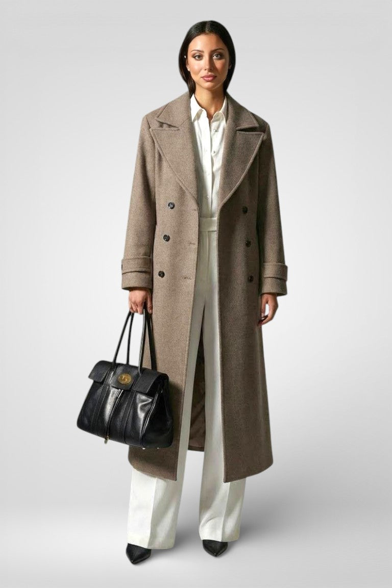 Double-Breasted Woolen Maxi Coat – Belted Lapel Long Overcoat